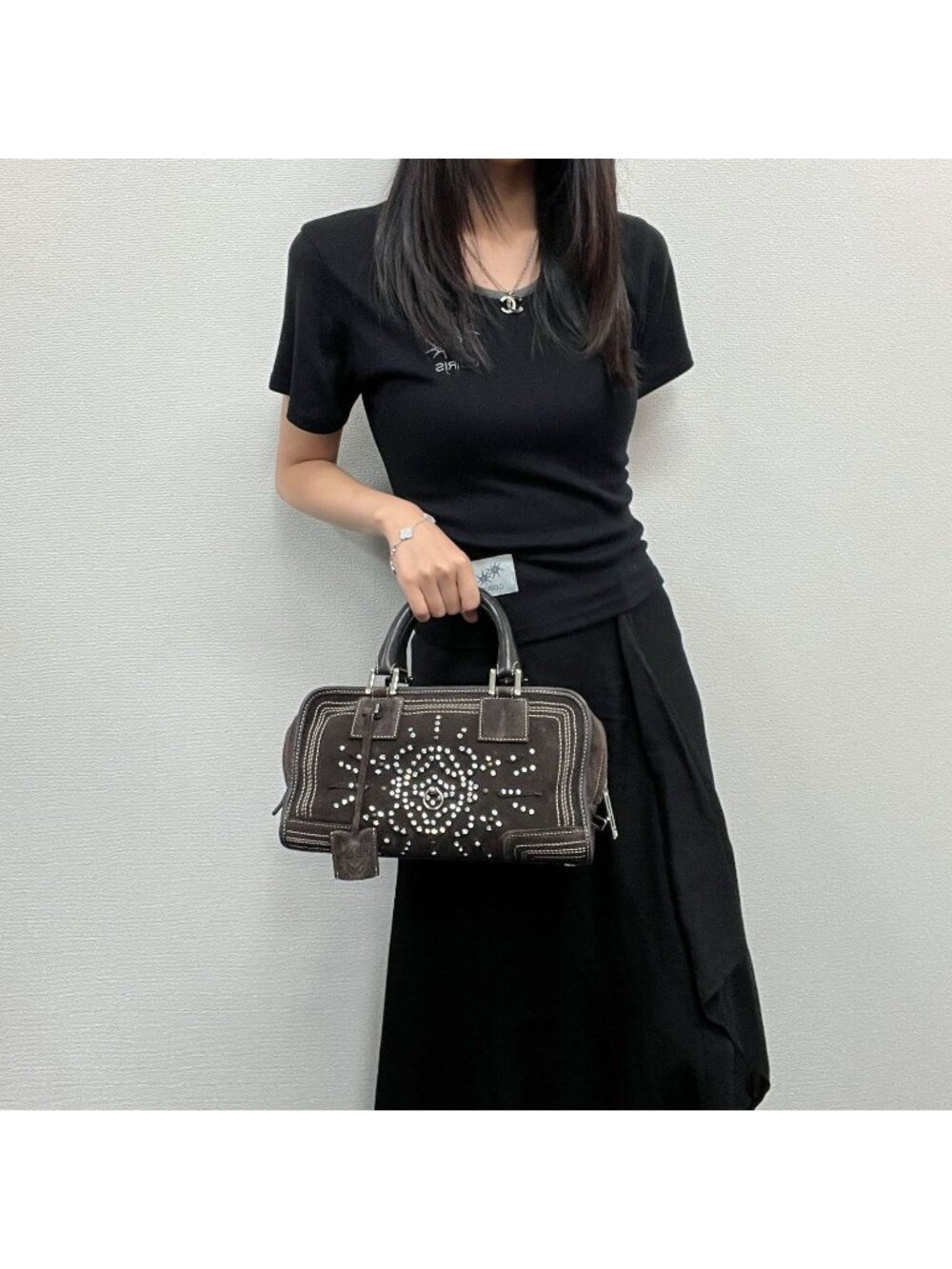 Loewe Amazona Studs Handbag Suede Brown Silver Vintage